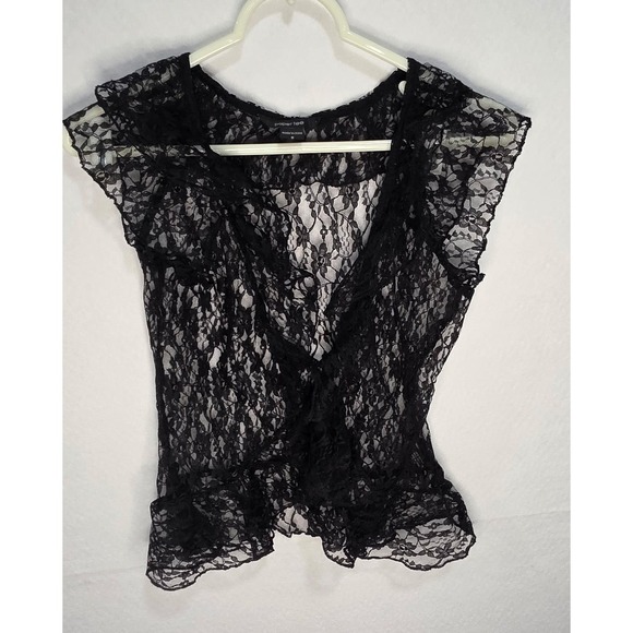 paper tee Tops - Paper Tee Black Floral Lace Ruffle Vest Sheer Open Front Cap Sleeve Medium